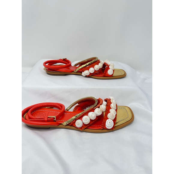 Tory Burch Sinclair Seashell Ankle Wrap Sandals Red Leather Size 7 Flat - Picture 3 of 7
